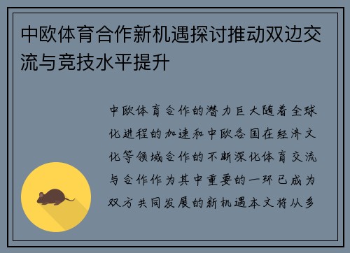 中欧体育合作新机遇探讨推动双边交流与竞技水平提升